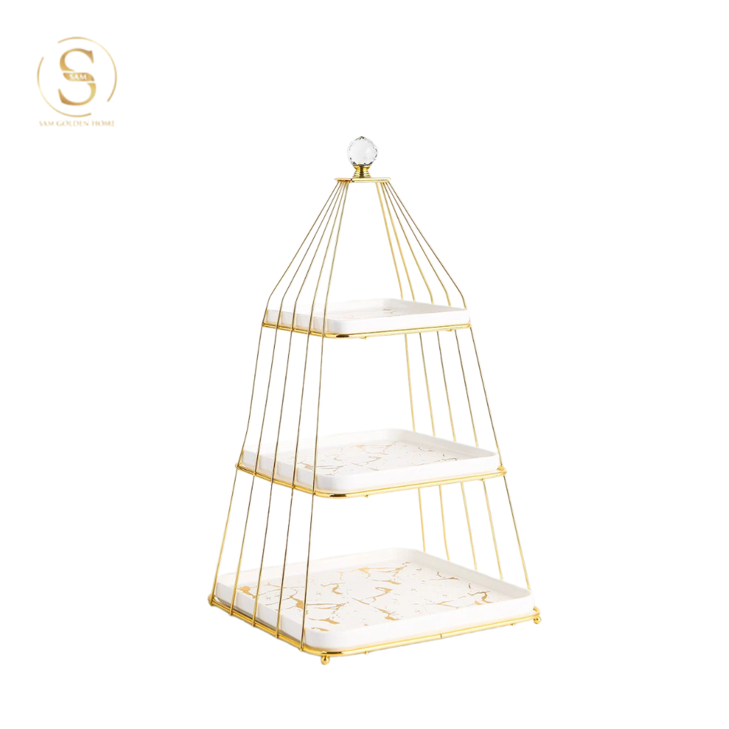 Khay 3 Tầng Bondine – Khung Vàng Đĩa Trắng Marble Sang Trọng, Decor Tiệc Trà Châu Âu