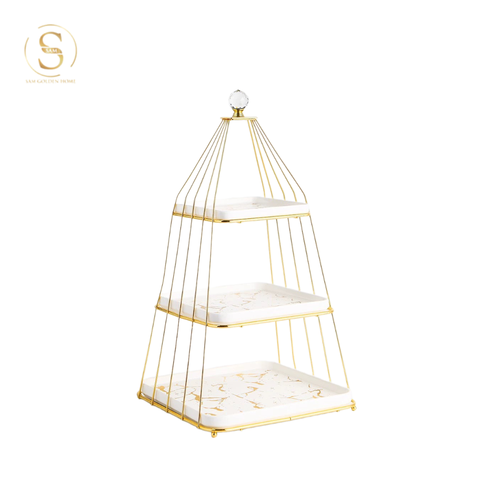  Khay 3 Tầng Bondine – Khung Vàng Đĩa Trắng Marble Sang Trọng, Decor Tiệc Trà Châu Âu 