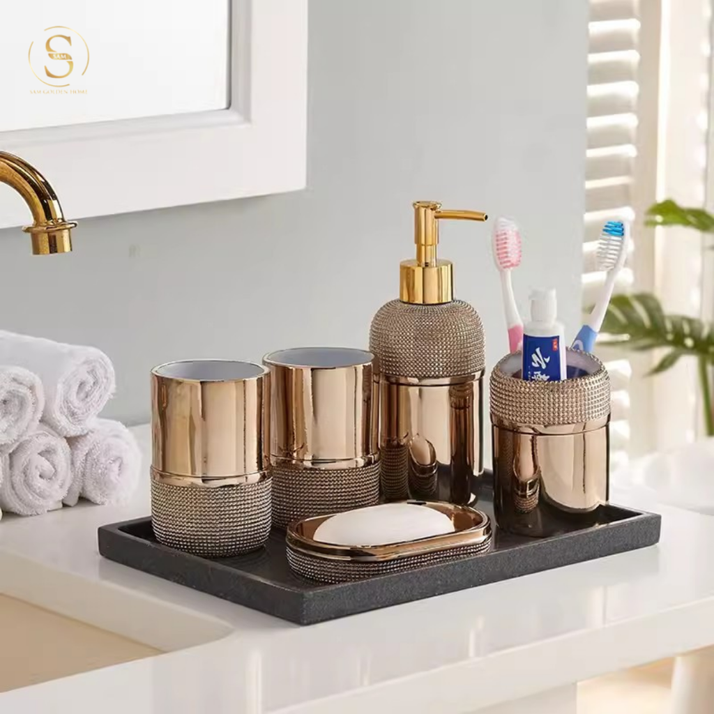 Bộ Đồ Dùng Nhà Tắm Kiera Golden Sang Trọng Cao Cấp