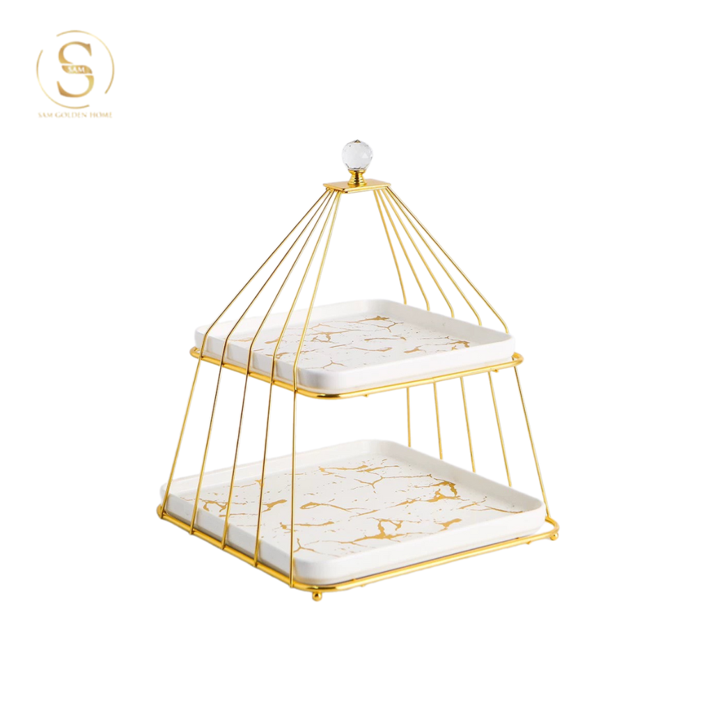 Khay 2 Tầng Bondine – Khung Kim Loại Mạ Vàng Cao Cấp, Đĩa Marble Trắng Nghệ Thuật – Decor Tiệc Trà, Đựng Bánh Trái, Snack Sang Trọng Châu Âu
