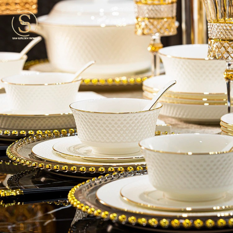  Bộ Tô Chén Đĩa Gốm Sứ Cao Cấp Clara Viền Vàng Sang Trọng 