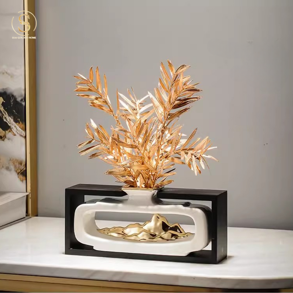 Bình Hoa Hazel Gốm Sứ Cao Cấp, Decor Lá Mạ Vàng Nghệ Thuật, Thiết Kế Nằm Ngang Ấn Tượng Cho Bàn Console