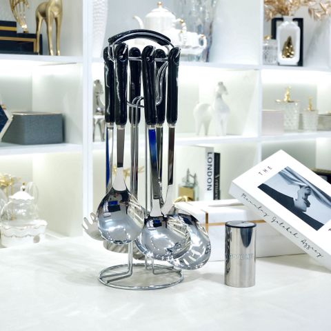  Bộ Muôi Vá Cao Cấp 7 Món Alma Silver Siêu Bền Cán Đen Sang Trọng Hiện Đại Kèm Giá Đỡ 