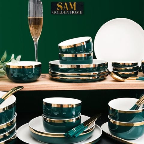  Bộ Tô Chén Đĩa Hàn Quốc Sứ Đẹp Cao Cấp Pearl Emerald Xanh Lục Bảo Lòng Trắng Viền Gold Xanh Cổ Vịt Sang Trọng 