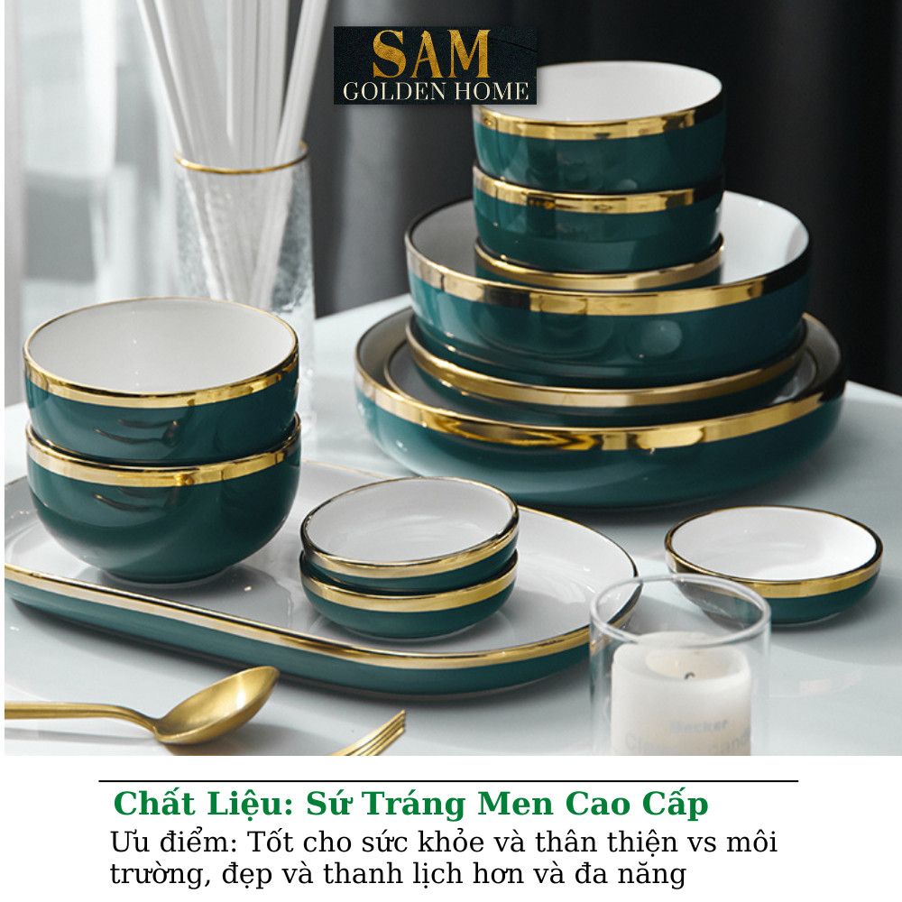 Bộ Tô Chén Đĩa Hàn Quốc Sứ Đẹp Cao Cấp Pearl Emerald Xanh Lục Bảo Lòng Trắng Viền Gold Xanh Cổ Vịt Sang Trọng