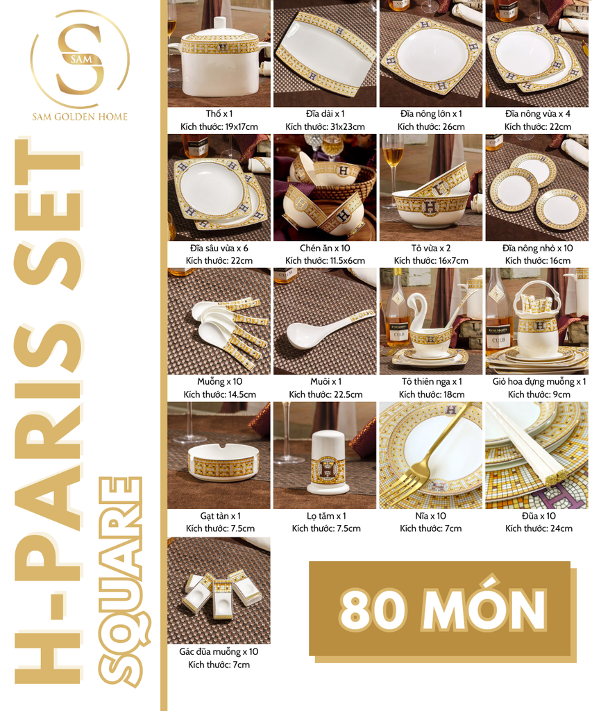 Bộ Chén Bát Đĩa Sứ Xương H-Paris (Vuông) - Bộ 70 Món Cao Cấp Viền Vàng
