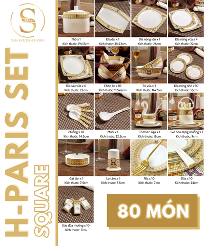  Bộ Chén Bát Đĩa Sứ Xương H-Paris (Vuông) - Bộ 80 Món Cao Cấp Viền Vàng 