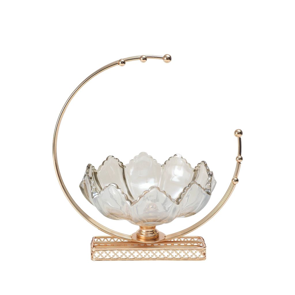 Tô Đựng Kẹo Trái Cây Lotus – Tô Thủy Tinh Decor Sang Trọng – Đế Vàng Cao Cấp – Kích Thước 26x18x28cm, Phù Hợp Bàn Tiếp Khách