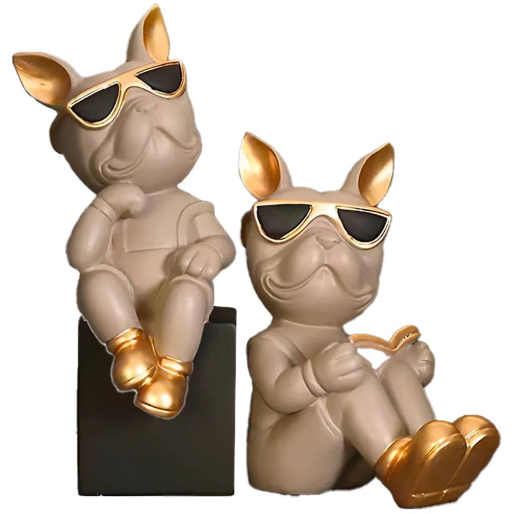 Chặn Sách & Tượng Chó Bulldog Duo Xám – Tượng Decor Con Vật Hiện Đại – Kiêm Chặn Sách Mini Cá Tính Cho Kệ Tủ, Tủ Sách