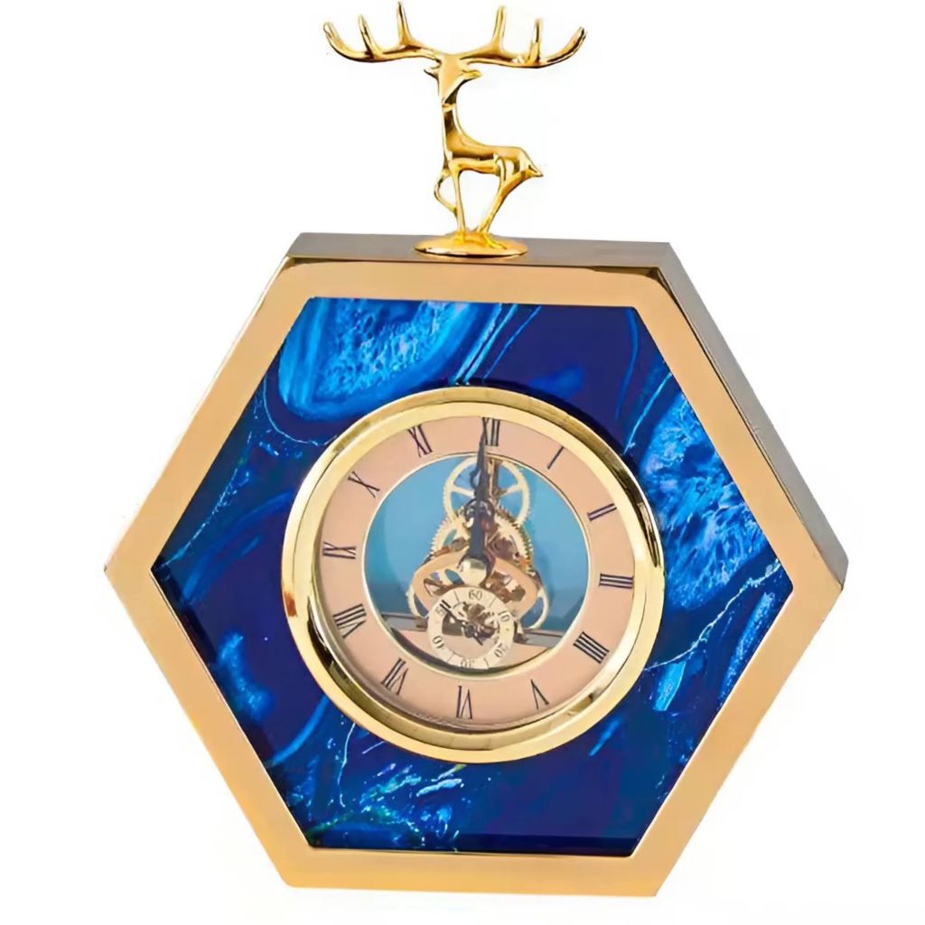 Tượng Bluey Đồng Hồ Lục Giác Decor Hiện Đại – Thiết Kế Đá Xanh & Tuần Lộc Mạ Vàng – Trang Trí Bàn Làm Việc & Văn Phòng Sang Trọng