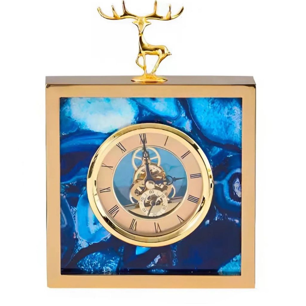 Tượng Bluey Đồng Hồ Vuông Decor Hiện Đại – Thiết Kế Đá Xanh & Tuần Lộc Mạ Vàng – Trang Trí Bàn Làm Việc & Văn Phòng Sang Trọng