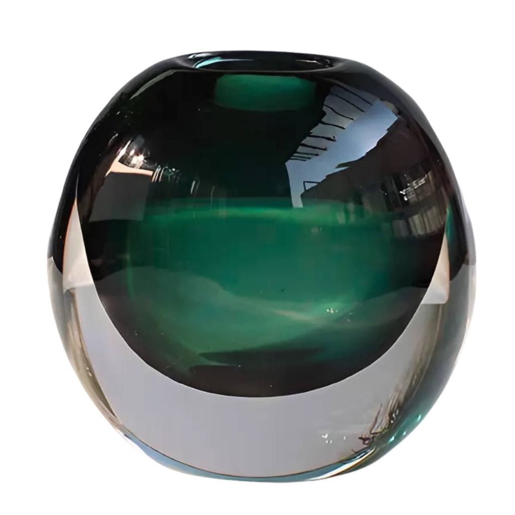 Lọ Hoa Thủy Tinh Mila Màu Xanh Lục – Decor Nghệ Thuật Độc Đáo – Dáng Tròn 14x14cm Cho Bàn Sofa Sang Trọng