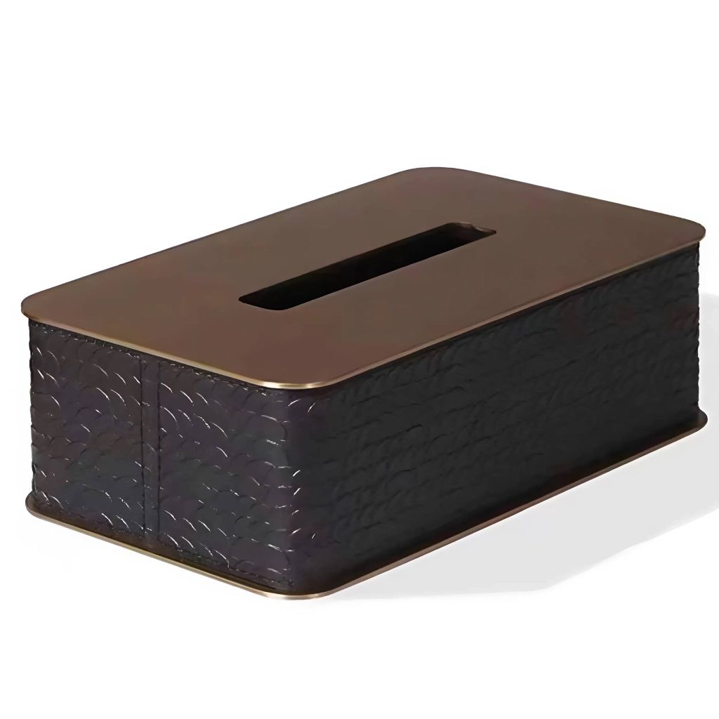 Hộp khăn giấy Keris Chữ Nhật Đen  Da PU cao cấp nắp kim loại đồng hiện đại cho phòng khách và văn phòng