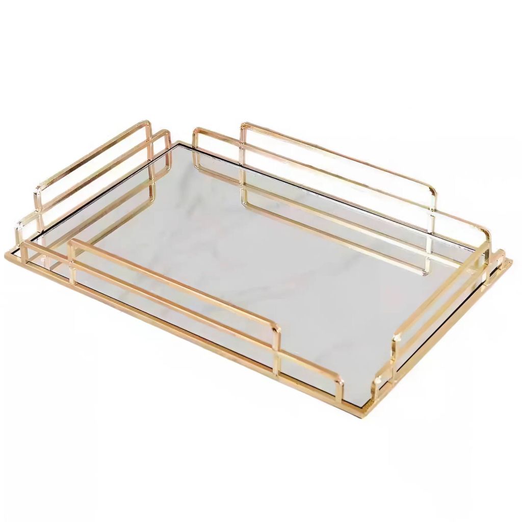Khay Chữ Nhật Jade Cao Cấp – Khay Bàn Gương Khung Kim Loại Mạ Vàng Decor Sang Trọng – Phù Hợp Trang Trí Bàn Sofa, Bàn Trang Điểm