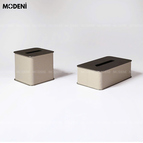 hộp khăn giấy da PU Keris White Chữ Nhật sang trọng trên bàn làm việc hiện đại