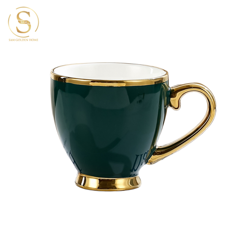  Ly Uống Trà, Nước Xavia Có Quai Màu Xanh Emerald Viền Vàng Sang Trọng Phong Cách Châu Âu 