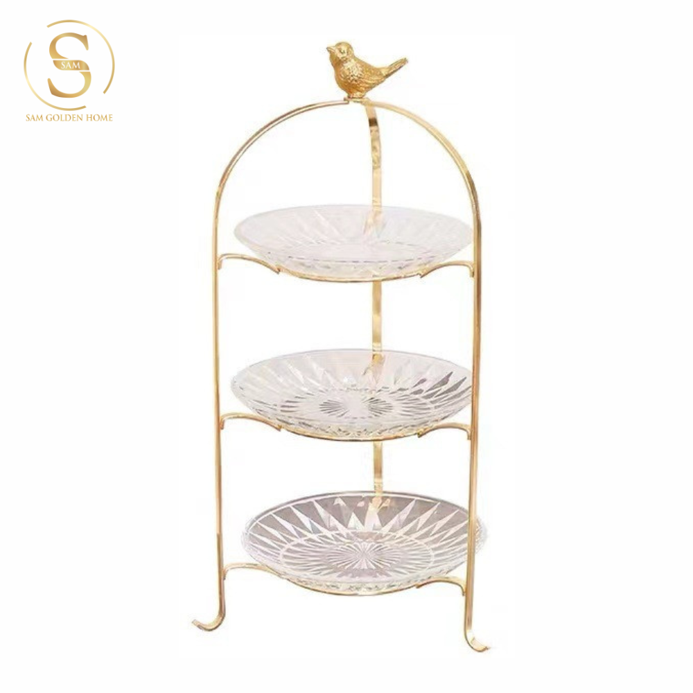 Khay 3 Tầng Kite Chim Vàng Kèm Đĩa Thủy Tinh – Decor Tiệc Trà, Đựng Bánh Trái Sang Trọng – Kiểu Dáng Hiện Đại Tinh Tế