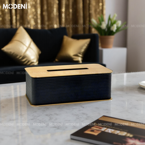 Hộp khăn giấy Keris Chữ Nhật Nâu da PU cao cấp đặt trên bàn phòng khách sang trọng.