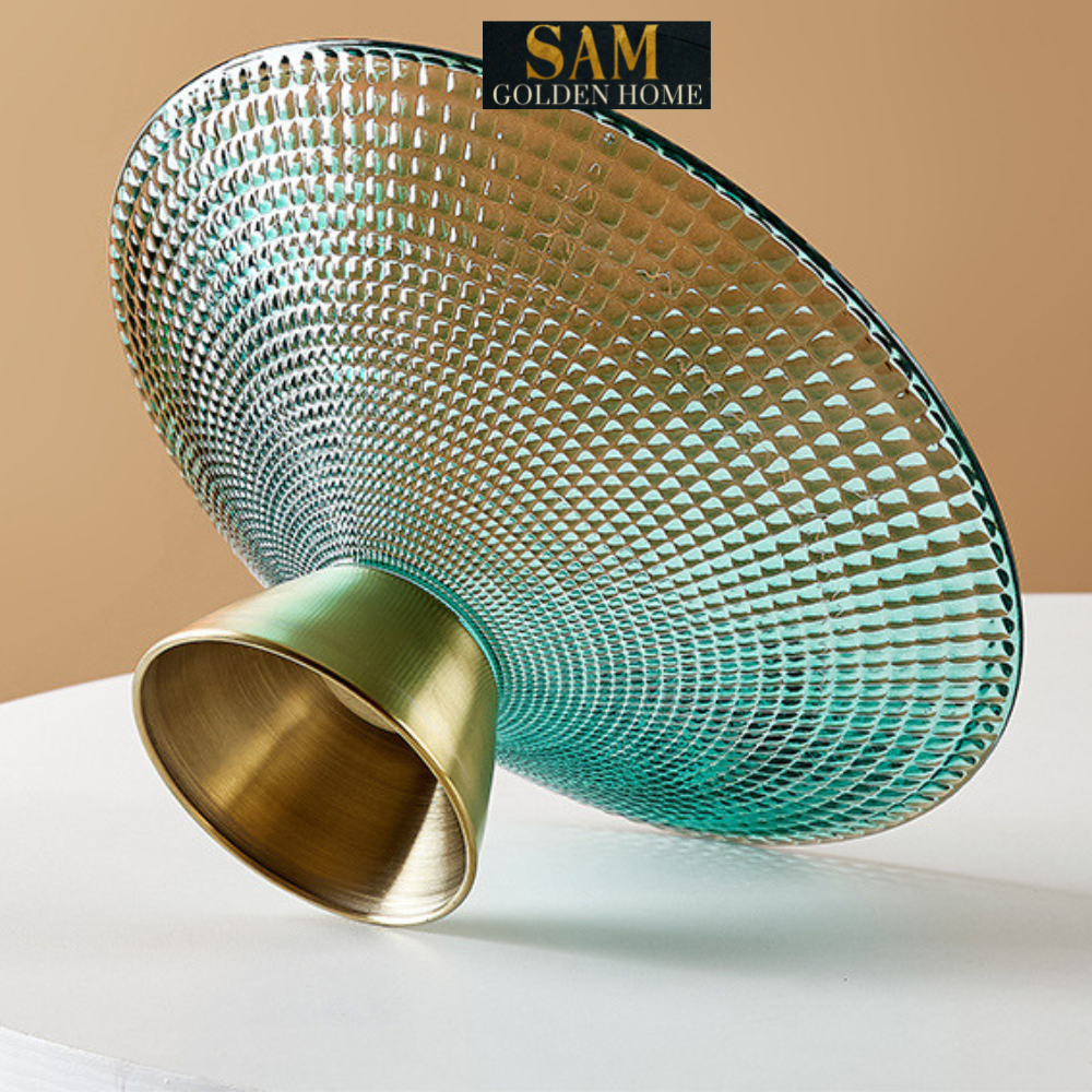Tô Đĩa Đựng Trái Cây Wave Emerald Thủy Tinh Cường Lực Cao Cấp – Đế Inox Mạ Vàng Gold – Phong Cách Hàn Quốc Hiện Đại, Decor Bàn Sofa – Bàn Tiệc Sang Trọng