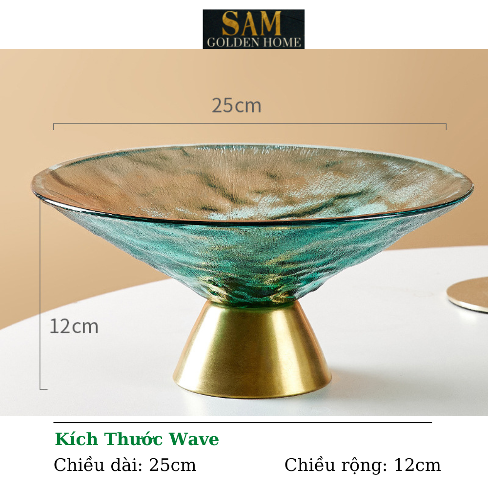 Tô Đĩa Đựng Trái Cây Wave Emerald Thủy Tinh Cường Lực Cao Cấp – Đế Inox Mạ Vàng Gold – Phong Cách Hàn Quốc Hiện Đại, Decor Bàn Sofa – Bàn Tiệc Sang Trọng
