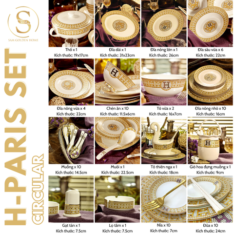  Bộ Tô Chén Đĩa Sứ Xương H-Paris (Tròn) Bộ Bát Đĩa Cao Cấp Viền Vàng - Bộ 70 Món 