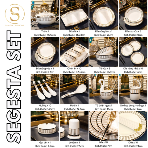  Bộ Tô Chén Đĩa Segesta Gốm Sứ Cao Cấp Viền Vàng Sang Trọng - Bộ 70 Món Làm Quà Tặng Tân Gia Ý Nghĩa 