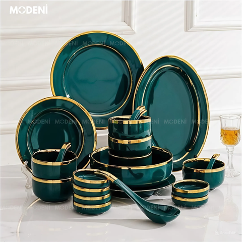  Bộ Tô Chén Đĩa Viền Vàng Nortylis Màu Xanh Emerald Gốm Sứ Cao Cấp Phong Cách Hiện Đại Châu Âu Quà Tặng Tân Gia 