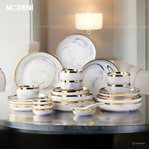  Bộ Tô Chén Hàn Quốc Trắng Volakas Vân Đá Gốm Sứ Dày Viền Vàng Gold Sang Trọng 