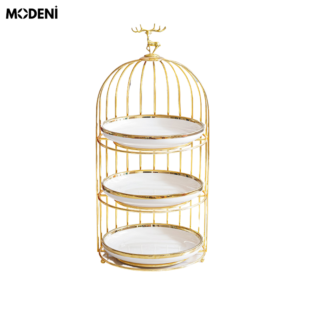 Khay Đựng Đồ Ăn 3 Tầng Golden Tori Lồng Chim Sang Trọng – Thép Không Gỉ Mạ Vàng Cao Cấp, Đĩa Trắng Marble – Decor Bàn Tiệc Trà, Bánh Kẹo, Trái Cây