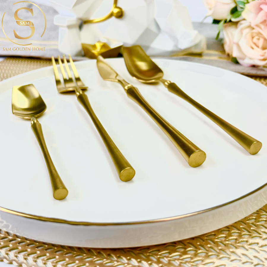 Bộ Dao Muỗng Nĩa Venice Gold Cutlery Set Mờ Nhám Inox 304 Vàng Gold Sang Trọng Hiện Đại