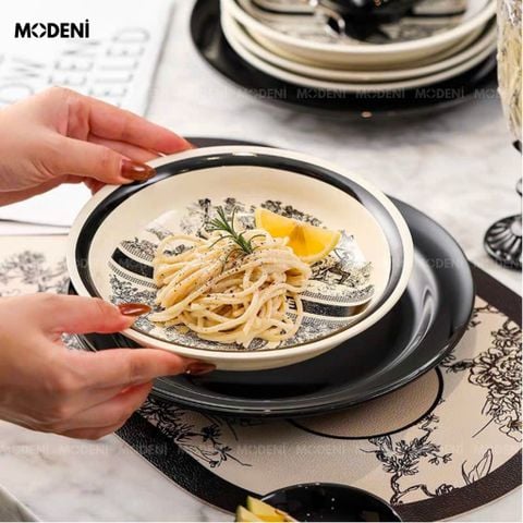 Bộ chén đĩa sứ trắng đen cao cấp Dioria phối họa tiết rừng nghệ thuật, setup bàn ăn hiện đại