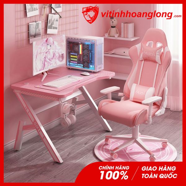 Bàn Gaming Chữ K Chân sắt hồng - Mặt bàn hồng