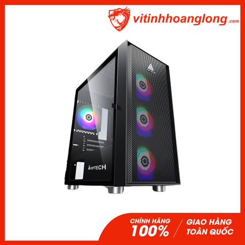  Vỏ Case máy tính Vsp HA01 Màu Đen Mặt Trước Lưới, Nắp Hông Kính Cường Lực 