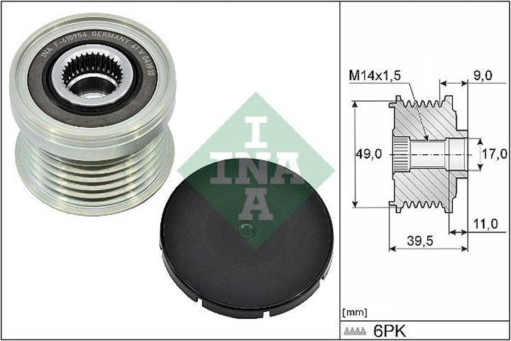 Puly máy phát BMW động cơ N20, F30 320i, F10 520i, X3 F25. Hàng INA. Mã 12317605061 F-610954, 535036110, ­535026810