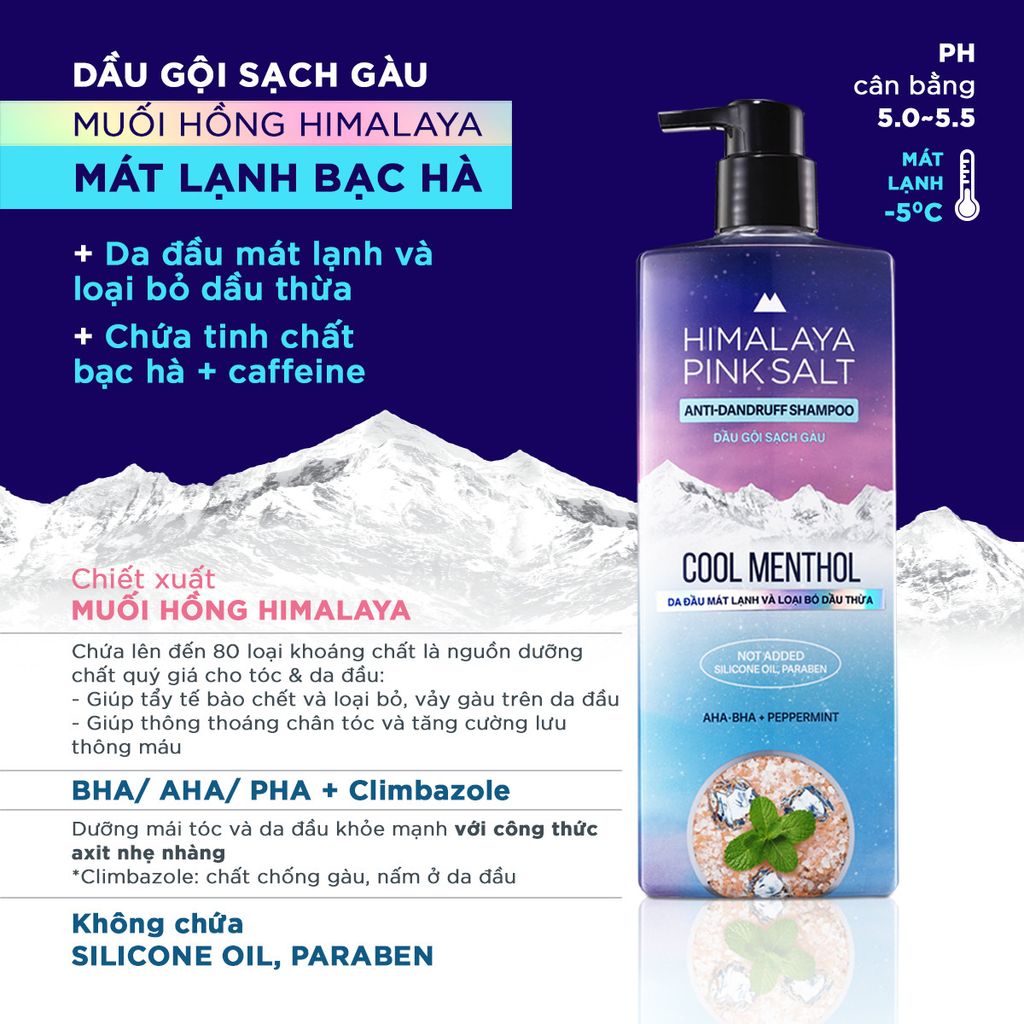 Dầu Gội Sạch Gàu Muối Hồng Ngăn Ngừa Gàu, Giảm Ngứa Himalaya Pink Salt Mát Lạnh Bạc Hà Cool Menthol 650ml