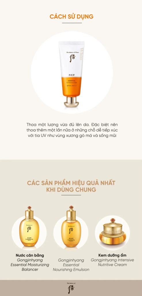Kem Chống Nắng Dưỡng Ẩm Whoo Whoo Gongjinhyang Essential UV Protective Cream SPF 50+/PA++++  60ml