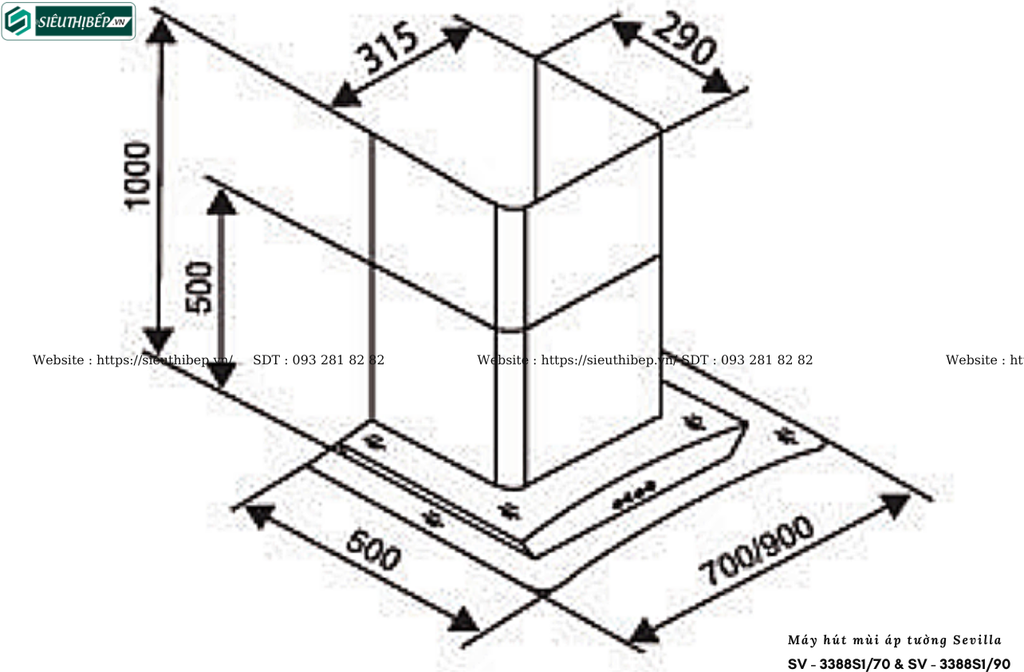 Máy hút mùi Sevilla SV - 3388S1/70 & SV - 3388S1/90 (Áp tường - Kính cong)
