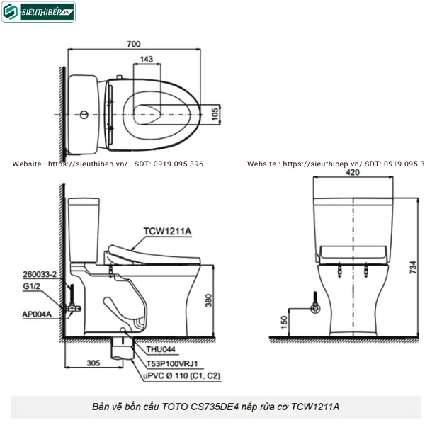 Bồn cầu 2 khối TOTO CS735DE4#XW (Nắp Rửa Cơ TCW1211A)