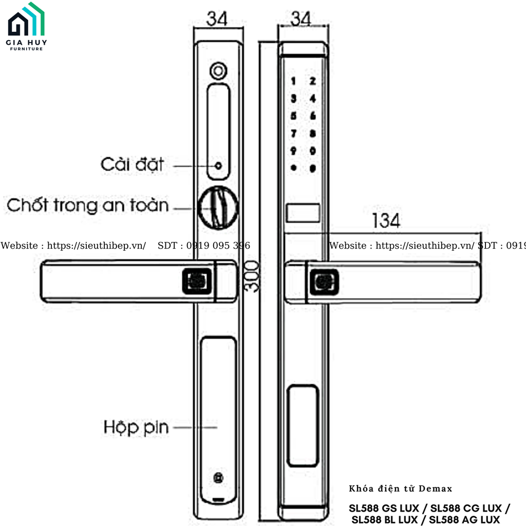 Khóa điện tử Demax SL588 GS LUX / SL588 CG LUX / SL588 BL LUX / SL588 AG LUX (Xám sao / Vàng Champagne / Đen / Xám nhôm - Dùng cho cửa nhôm, sắt, inox)