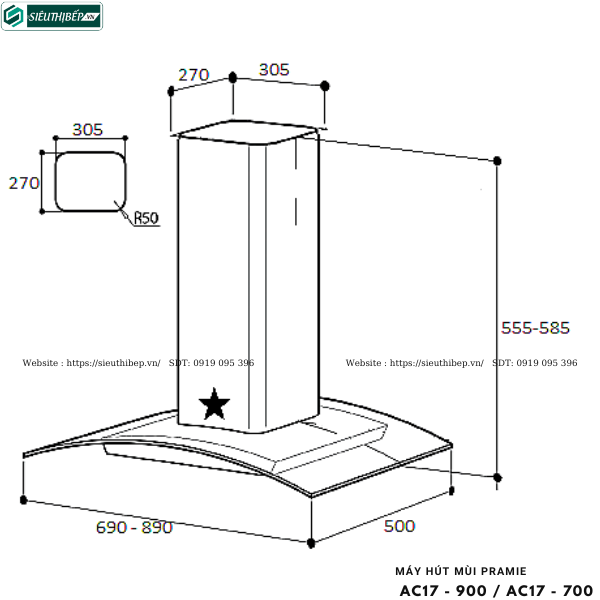 Máy hút mùi Pramie AC17 - 900 / AC17 - 700 (Áp tường, chữ T kính cong - Made in Thailand)