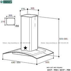 Máy hút mùi Pramie AC17 - 900 / AC17 - 700 (Áp tường, chữ T kính cong - Made in Thailand)