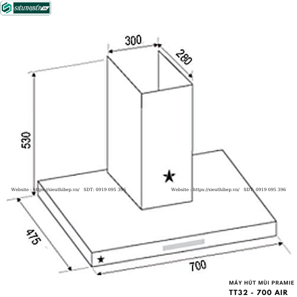 Máy hút mùi Pramie TT32 - 700 Air (Áp tường, chữ T - Made in Thailand)
