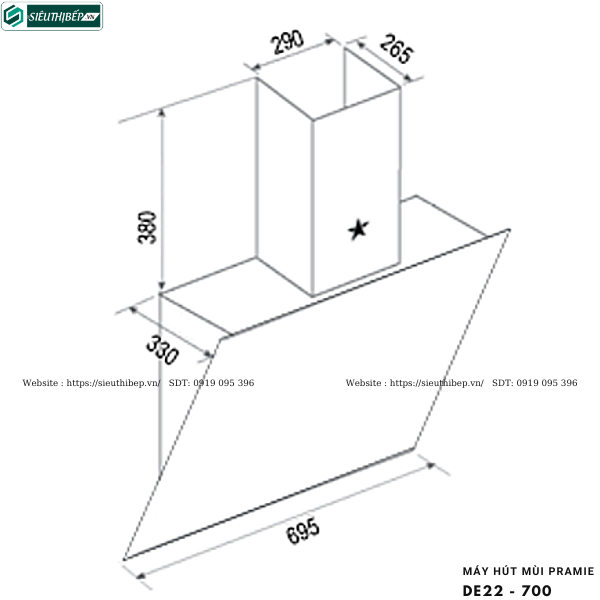 Máy hút mùi Pramie DE22 - 700 (Áp tường, kính vát - Made in Malaysia)