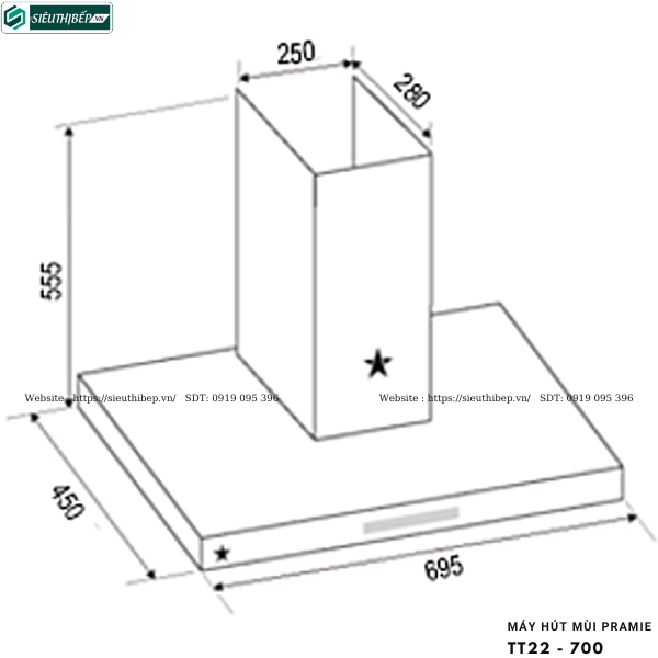 Máy hút mùi Pramie TT22 - 700 (Áp tường, chữ T - Made in Malaysia)