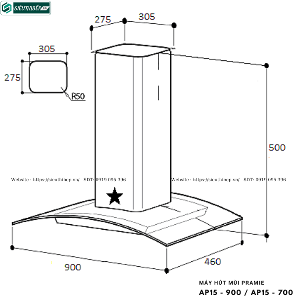 Máy hút mùi Pramie AP15 - 900 / AP15 - 700 (Áp tường, chữ T kính cong - Made in Thailand)