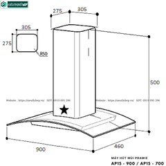 Máy hút mùi Pramie AP15 - 900 / AP15 - 700 (Áp tường, chữ T kính cong - Made in Thailand)