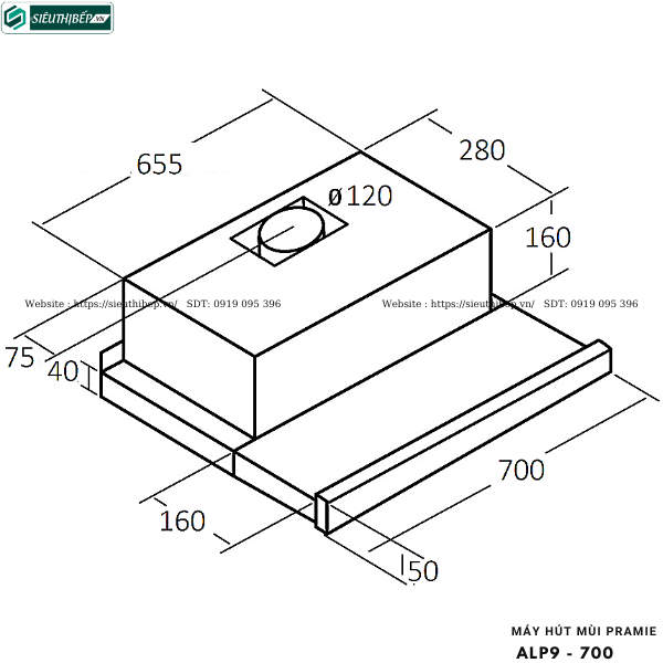 Máy hút mùi Pramie ALP9 - 700 (Âm tủ - Made in Thailand)