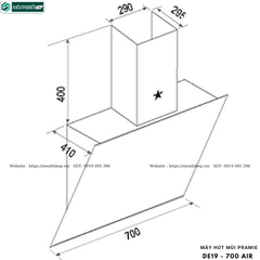 Máy hút mùi Pramie DE19 - 700 AIR (Áp tường, kính vát - Made in Thailand)