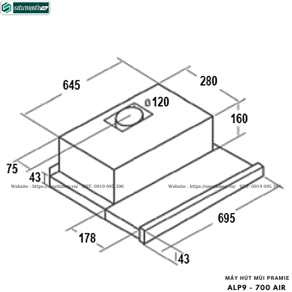 Máy hút mùi Pramie ALP9 - 700 Air (Âm tủ - Made in Thailand)