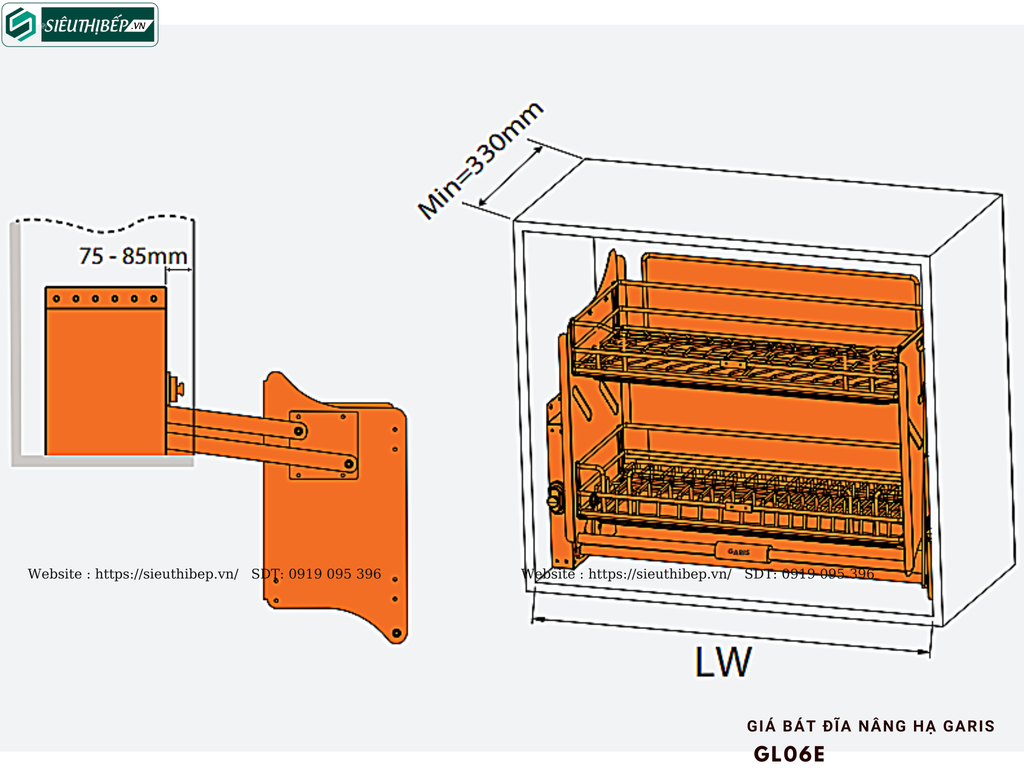 Giá bát đĩa nâng hạ Garis GL06E (Nan vuông, inox 304, bề mặt điện hóa xước mờ, 2 tầng)